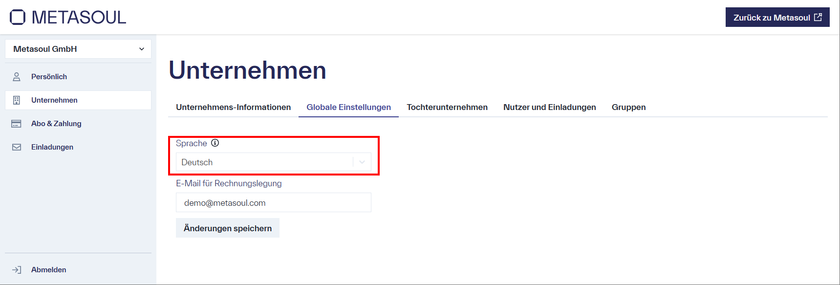 Eingabefeld mit Drop-down-Menü zur Auswahl der Sprache, beschriftet mit „Sprache“, auf der Seite „Unternehmen“ im Tab „Globale Einstellungen“.