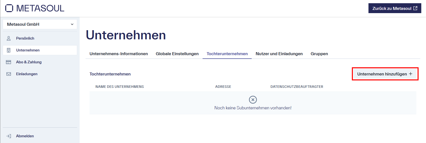 Schaltfläche &ldquo;Unternehmen hinzufügen&rdquo; auf der Registerkarte &ldquo;Tochterunternehmen&rdquo; der Seite &ldquo;Unternehmen&rdquo;, oberhalb der Tabelle &ldquo;Tochterunternehmen&rdquo;.