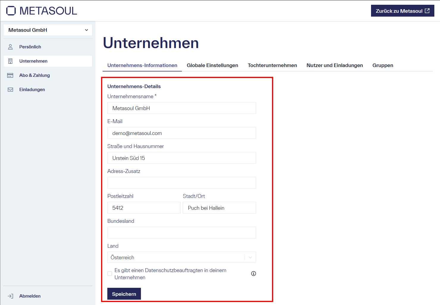 Ansicht des Tabs ‚Unternehmens-Informationen‘ mit mehreren Eingabefeldern: &ldquo;Unternehmensname&rdquo;, &ldquo;E-Mail&rdquo;, &ldquo;Straße und Hausnummer&rdquo;, &ldquo;Postleitzahl&rdquo;, &ldquo;Stadt/Ort&rdquo;, &ldquo;Bundesland&rdquo; und &ldquo;Land&rdquo;. Am unteren Seitenbereich befindet sich eine Schaltfläche mit der Bezeichnung &ldquo;Speichern&rdquo;.