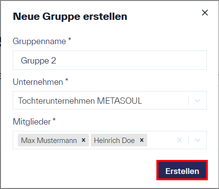 Ein kleines Fenster in der Form eines Formular mit dem Titel &ldquo;Neue Gruppe erstellen&rdquo; und den Eingabefelder &ldquo;Gruppenname&rdquo;, &ldquo;Unternehmen&rdquo; und &ldquo;Mitglieder&rdquo;