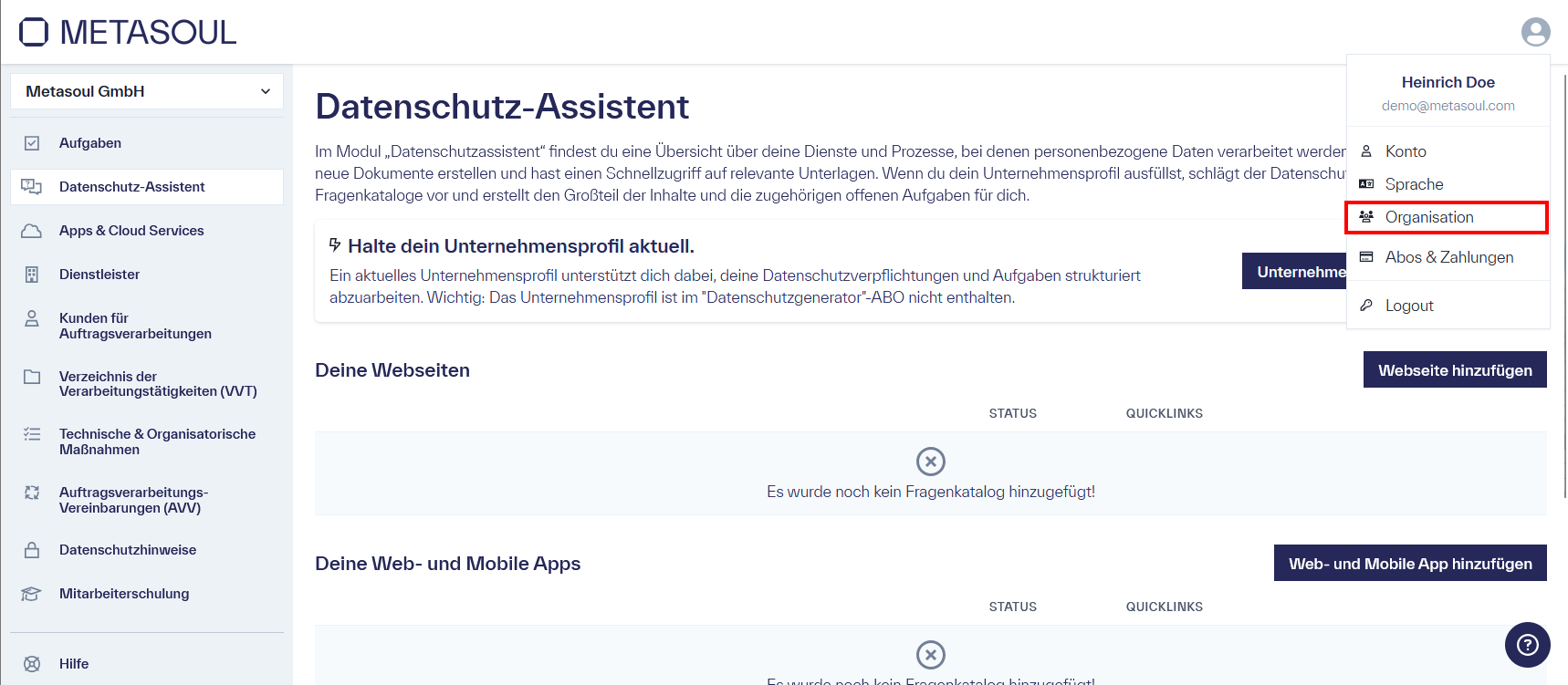 Startseite der Metasoul-Plattform mit dem Titel „Datenschutz-Assistent“. Im rechten oberen Bereich ist das Profilmenü geöffnet und zeigt die Optionen „Konto“, „Sprache“, „Organisation“, „Abo & Zahlung“ sowie „Logout“.