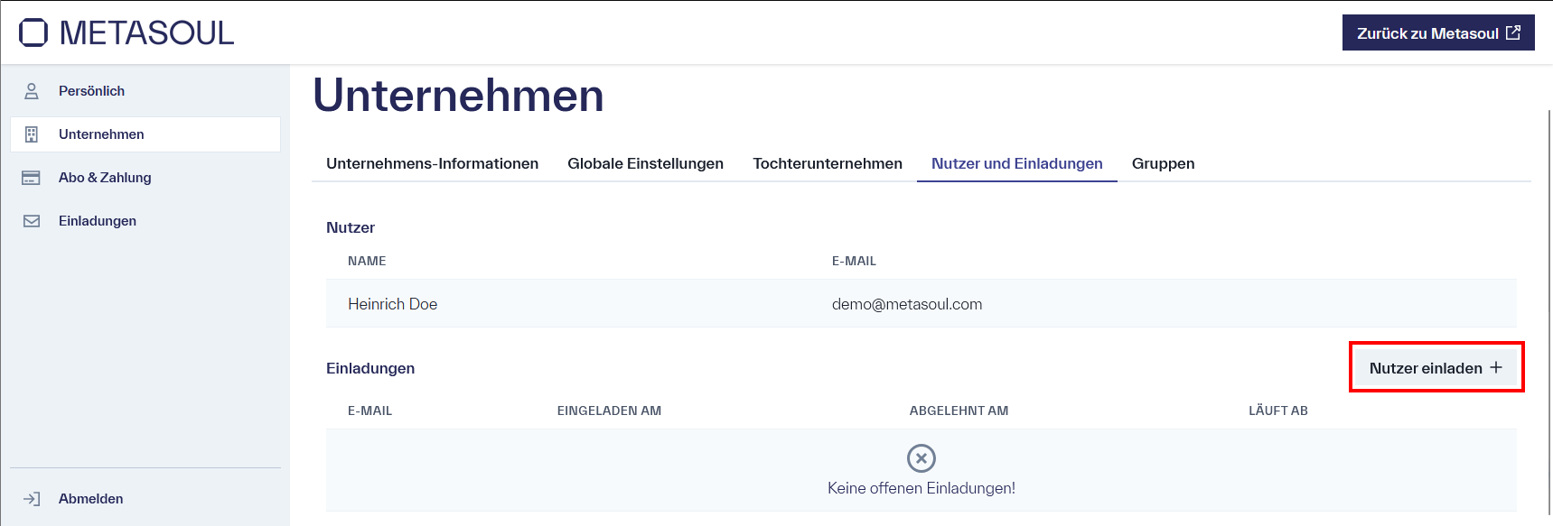 Auf der Seite &ldquo;Unternehmen&rdquo; wird in der Sektion &ldquo;Einladungen&rdquo; eine Tabelle mit den Spalten &ldquo;E-Mail&rdquo;, &ldquo;Eingeladen am&rdquo;, &ldquo;Abgelehnt am&rdquo; und &ldquo;Läuft ab&rdquo; angezeigt. Oberhalb der Tabelle befindet sich die Schaltfläche &ldquo;Nutzer einladen&rdquo;.