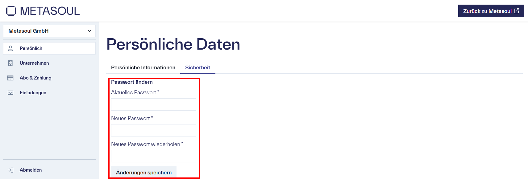 Ansicht der Seite ‚Persönliche Daten‘ unter dem Tab ‚Sicherheit‘. Im Abschnitt ‚Passwort ändern‘ sind die Eingabefelder ‚Aktuelles Passwort‘, ‚Neues Passwort‘ und ‚Neues Passwort bestätigen‘ sowie die Schaltfläche ‚Änderungen speichern‘ zu sehen. 