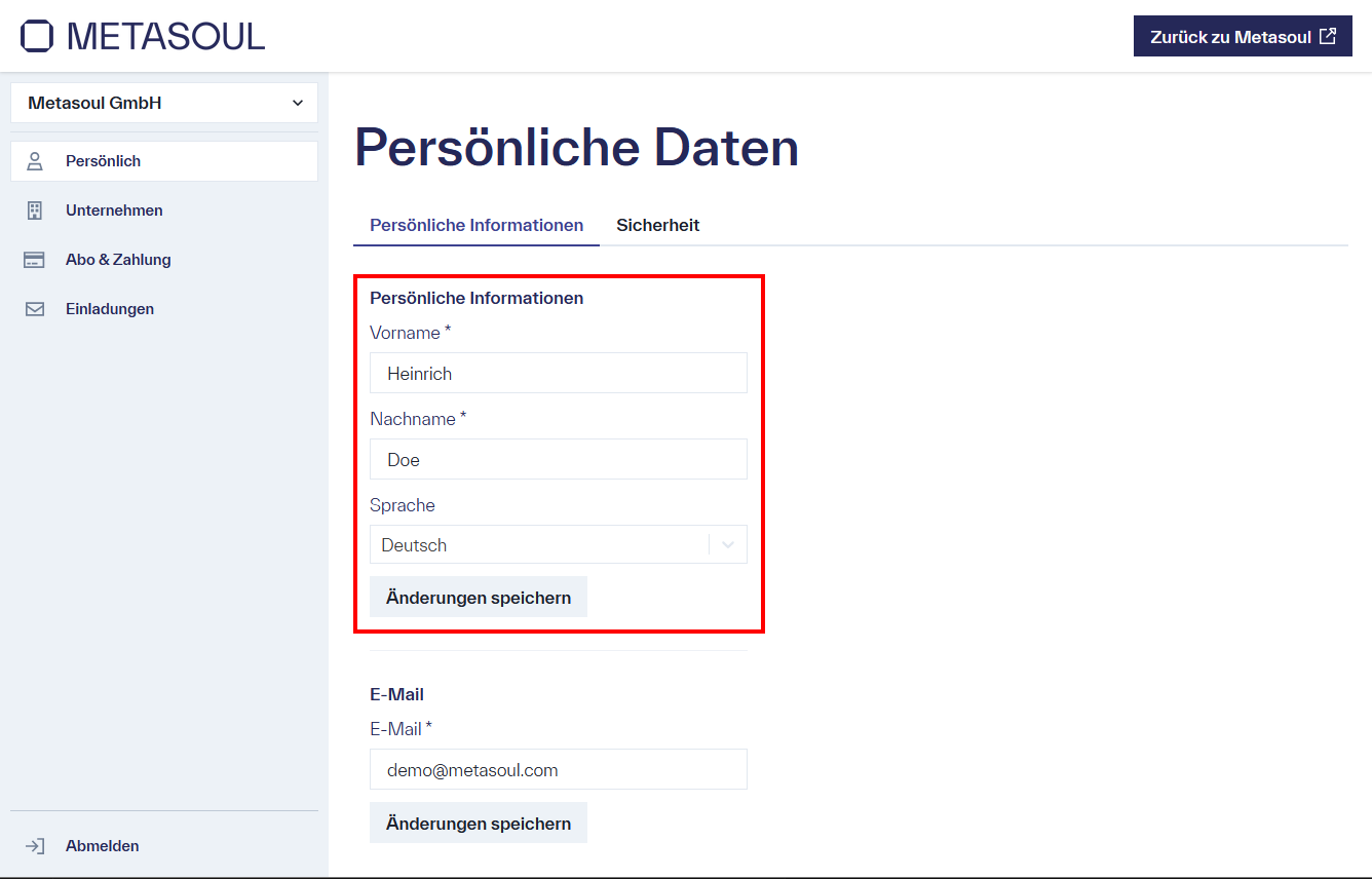 Webseite mit dem Titel „Persönliche Daten“. Im mittleren Bereich befindet sich ein Abschnitt mit der Überschrift „Persönliche Informationen“, der Eingabefelder für „Vorname“, „Nachname“ und „Sprache“ enthält. Darunter befindet sich ein Button mit der Aufschrift „Änderungen speichern“.