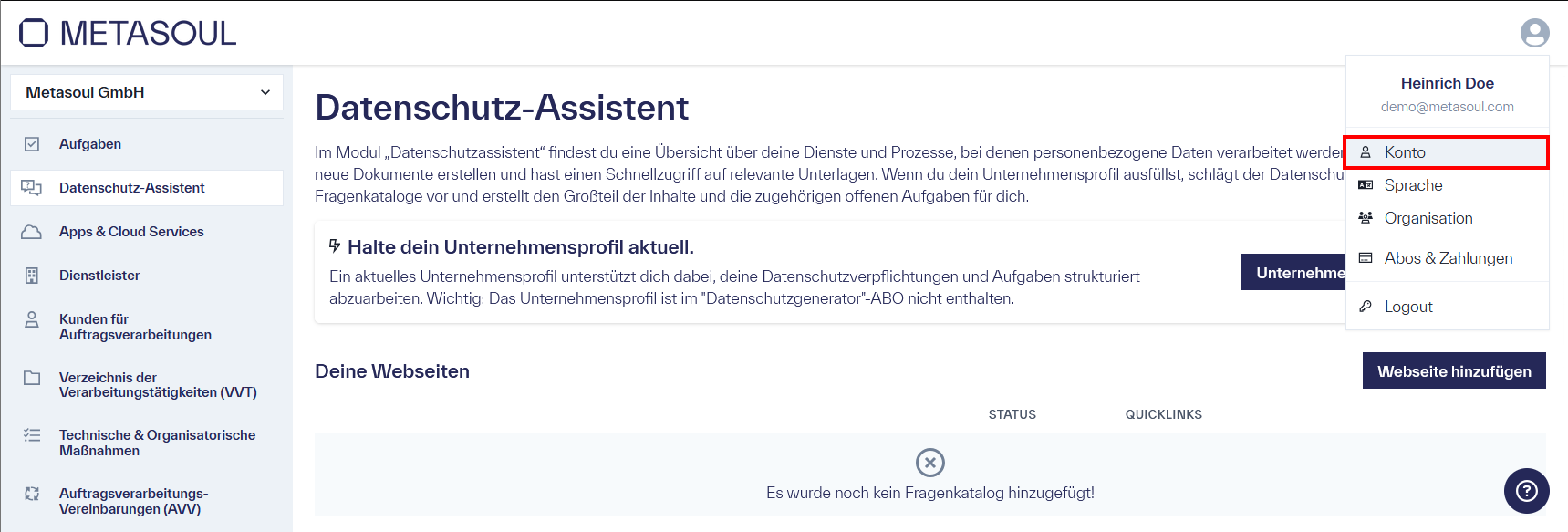 Startseite der Metasoul-Plattform mit dem Titel &ldquo;Datenschutz-Assistent&rdquo;. Im rechten oberen Bereich ist das Profilmenü geöffnet und zeigt die Optionen &ldquo;Konto&rdquo;, &ldquo;Sprache&rdquo;, &ldquo;Organisation&rdquo;, &ldquo;Abo & Zahlung&rdquo; sowie &ldquo;Logout&rdquo;.