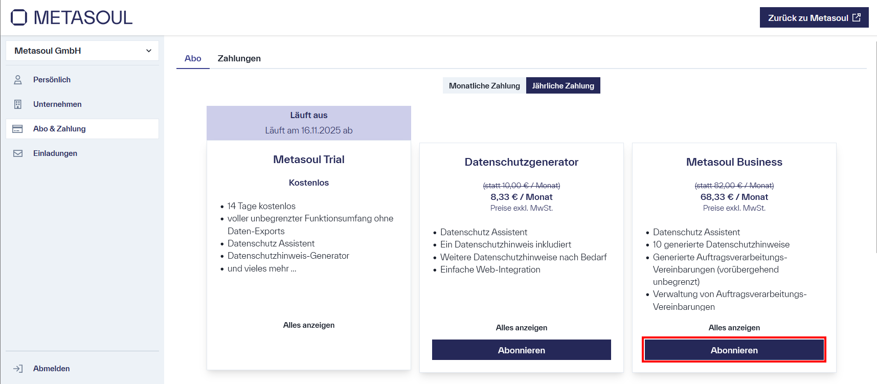 Anzeige von drei Abonnementoptionen: eine ablaufende Testversion und zwei kostenpflichtige Pläne, „Datenschutzgenerator“ und „Metasoul Business“, mit Auswahlmöglichkeiten zum Abonnieren.