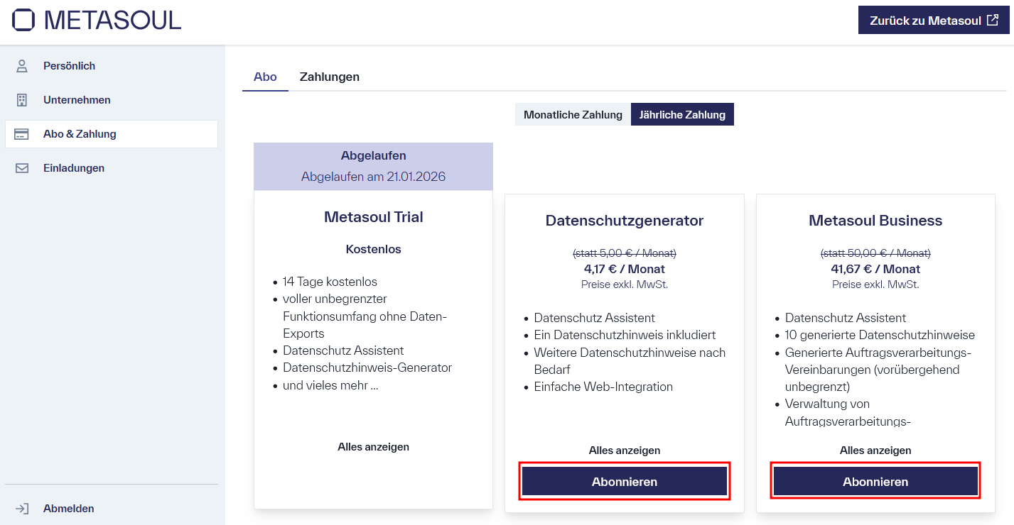 Anzeige von drei Abonnementoptionen: eine ablaufende Testversion und zwei kostenpflichtige Pläne, „Datenschutzgenerator“ und „Metasoul Business“, mit Auswahlmöglichkeiten zum Abonnieren.