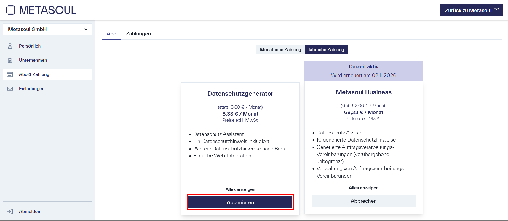 Ansicht der Seite „Abo & Zahlungen“, auf der zwei Abonnementoptionen angezeigt werden, wobei eine bereits aktiv ist.
