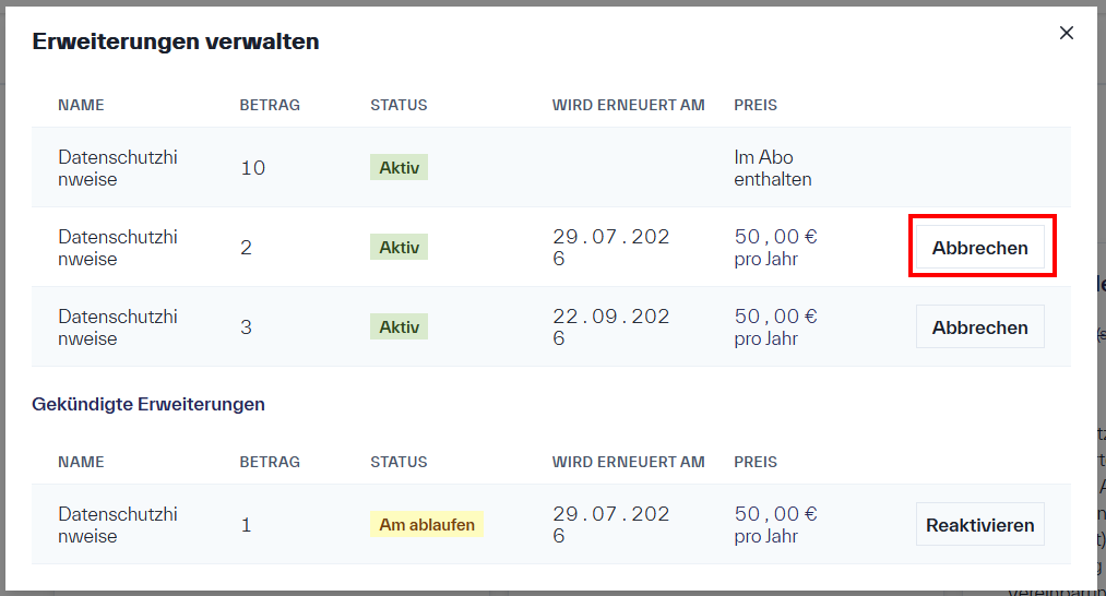 Eine Tabelle mit den gekauften Erweiterungen, neben diesen Erweiterungen befindet sich die Option &ldquo;Abbrechen&rdquo;