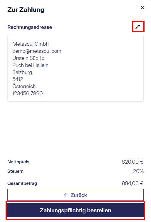 Zahlungsmenü mit bearbeitbarer Rechnungsadresse sowie Anzeige von Nettopreis, Steuern und Gesamtbetrag, einschließlich der Option „Zahlungspflichtig bestellen“.