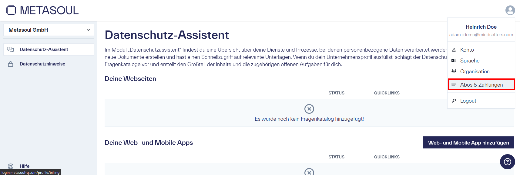 Startseite der Metasoul-Plattform mit dem Titel „Datenschutz-Assistent“. Im rechten oberen Bereich ist das Profilmenü geöffnet und zeigt die Optionen „Konto“, „Sprache“, „Organisation“, „Abo & Zahlung“ sowie „Logout“.