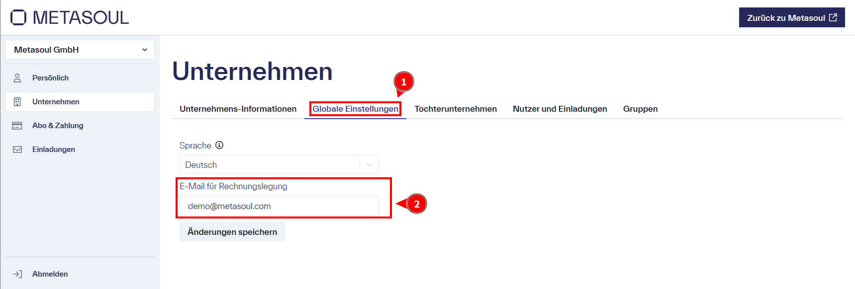 Auf der Einstellungsseite &ldquo;Unternehmen&rdquo; im Reiter &ldquo;Globale Einstellungen&rdquo; befindet sich das Eingabefeld &ldquo;E-Mail für Rechnungslegungen&rdquo; mit der darunterliegenden Schaltfläche &ldquo;Änderungen speichern&rdquo;.