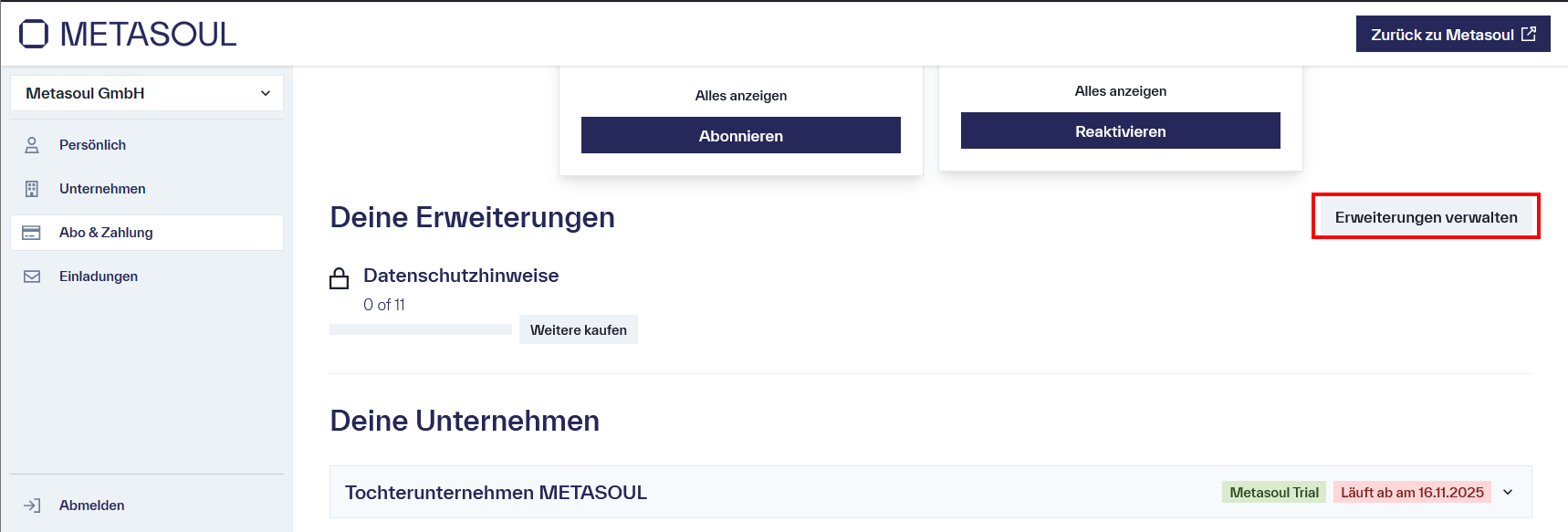 Unterer Bereich der Seite &ldquo;Abo & Zahlungen&rdquo; mit der Sektion &ldquo;Deine Erweiterungen&rdquo;, die die Optionen &ldquo;Erweiterungen verwalten&rdquo; und &ldquo;Weitere kaufen&rdquo; enthält.