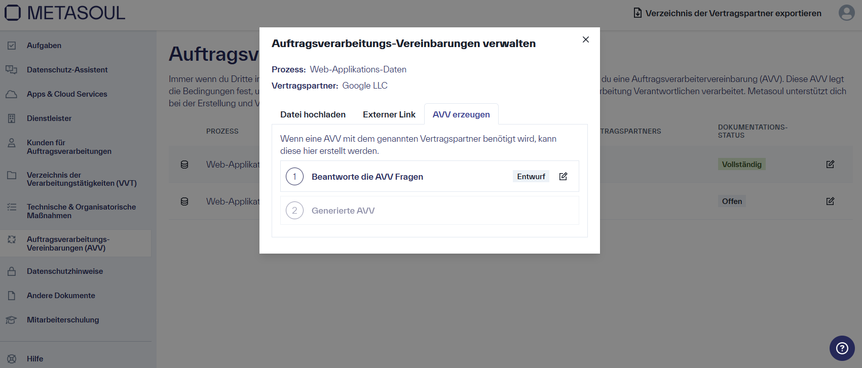 Fenster &ldquo;Auftragsverarbeitungs-Vereinbarungen verwalten&rdquo; mit dem ausgewählten Reiter &ldquo;AVV erzeugen&rdquo; welche die Option &ldquo;Beantworte die AVV Fragen&rdquo; zeigt