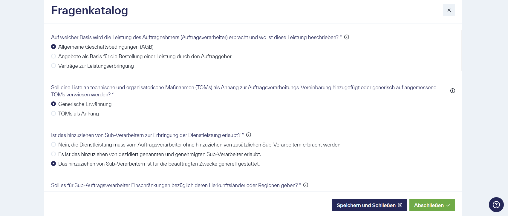 Ein Fragenkatalog mit Ja/Nein Antworten sowie Textfelder für das Beantworten der Fragen