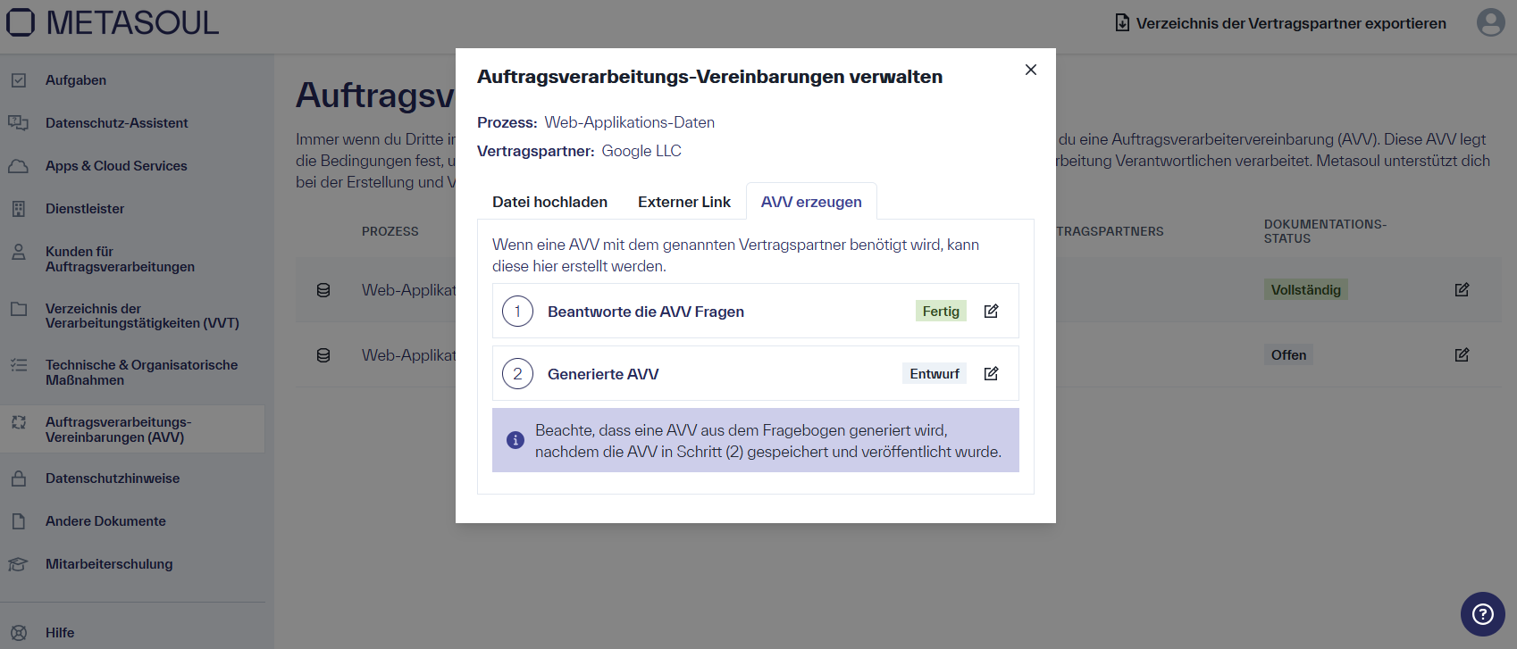 Fenster &ldquo;Auftragsverarbeitungs-Vereinbarungen verwalten&rdquo; mit ausgewähltem Reiter &ldquo;AVV erzeugen&rdquo;, Option &ldquo;Beantworte die AVV Fragen&rdquo; mit Status &ldquo;Fertig&rdquo; und Option &ldquo;Generierte AVV&rdquo; mit Status &ldquo;Entwurf&rdquo;.