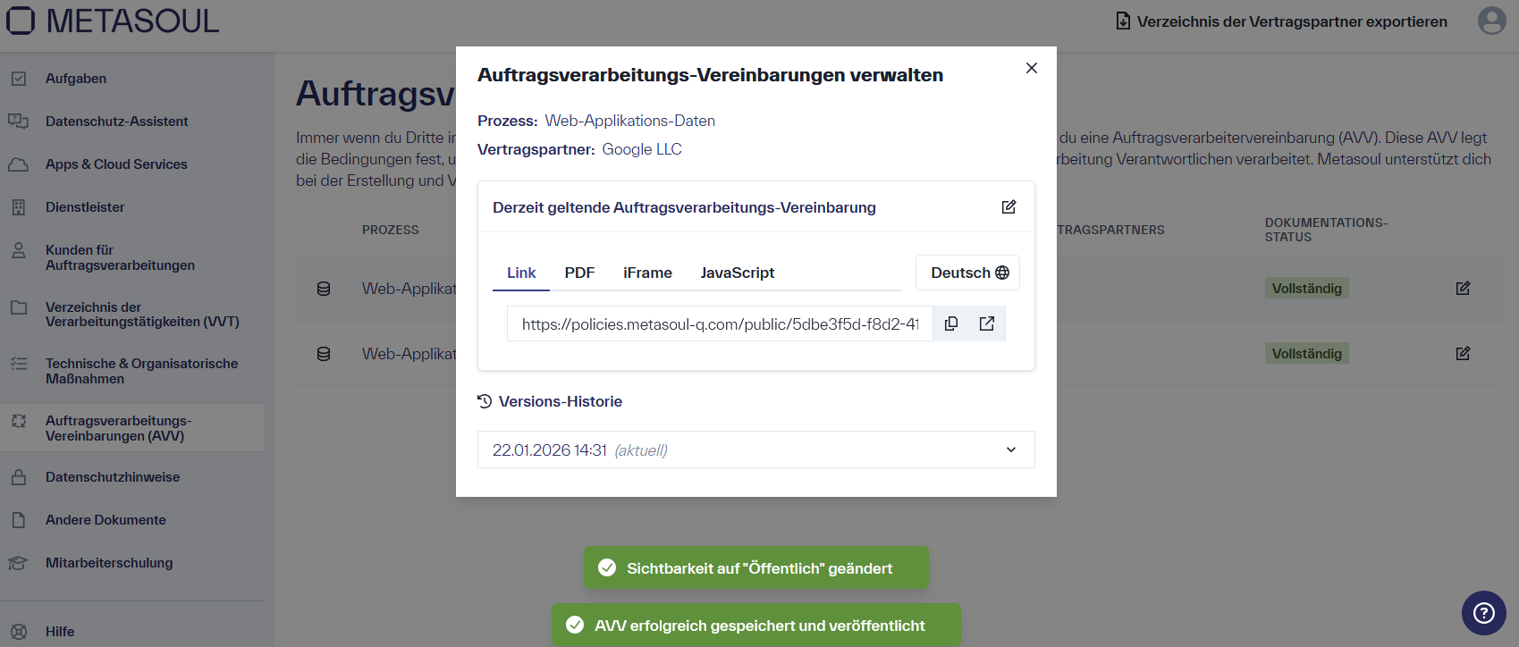Fenster &ldquo;Auftragsverarbeitungs-Vereinbarungen verwalten&rdquo; mit der Option die AVV zu teilen mittels &ldquo;Link&rdquo;, &ldquo;PDF&rdquo;, &ldquo;iFrame&rdquo; und &ldquo;JavaScript&rdquo;