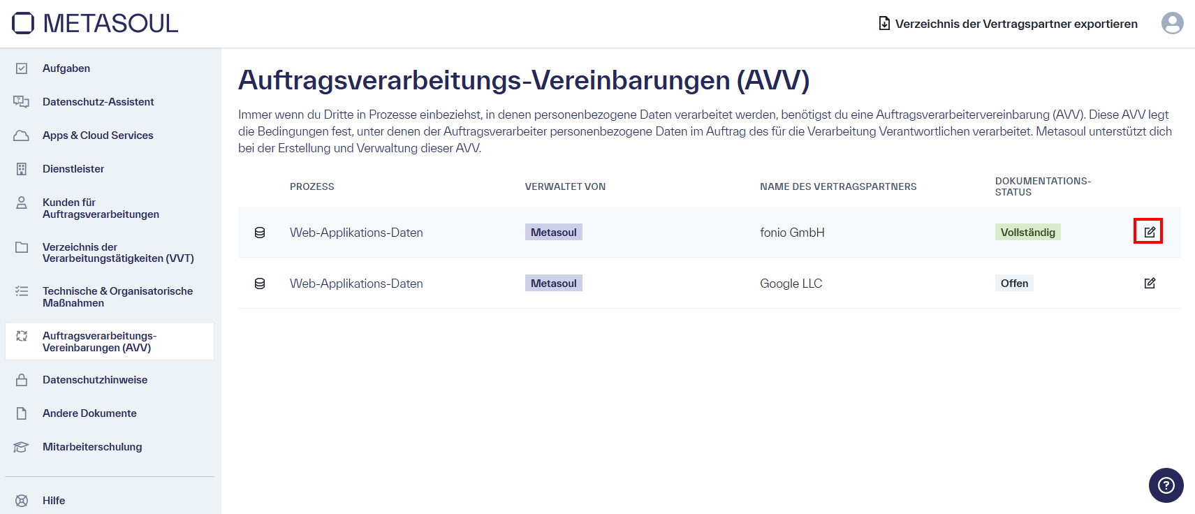 Startseite des Moduls „AVV“, unter deren Titel sich zwei Einträge befinden, die jeweils über die Option „Bearbeiten“ verfügen.