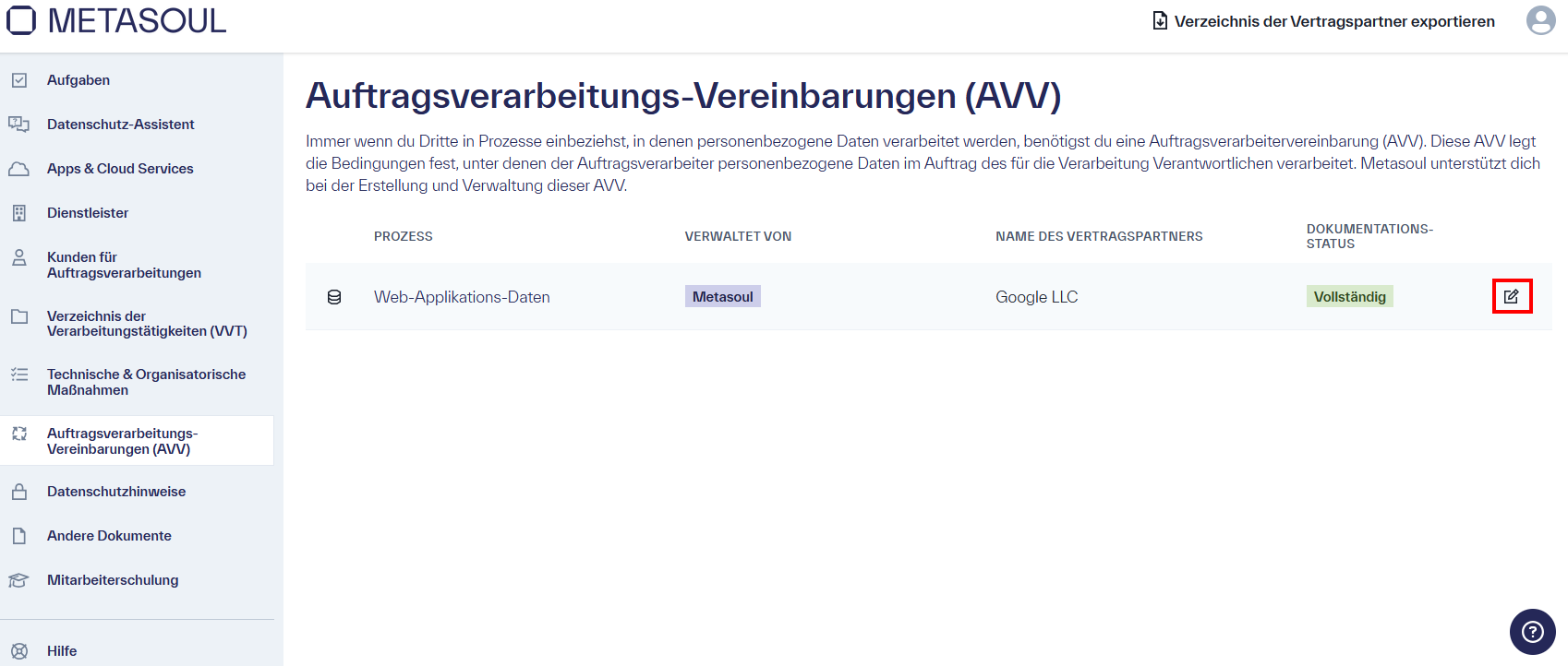 Startseite des Modul &ldquo;Auftragsverarbeitungs-Vereinbarungen (AVV)&rdquo; mit einem Eintrag