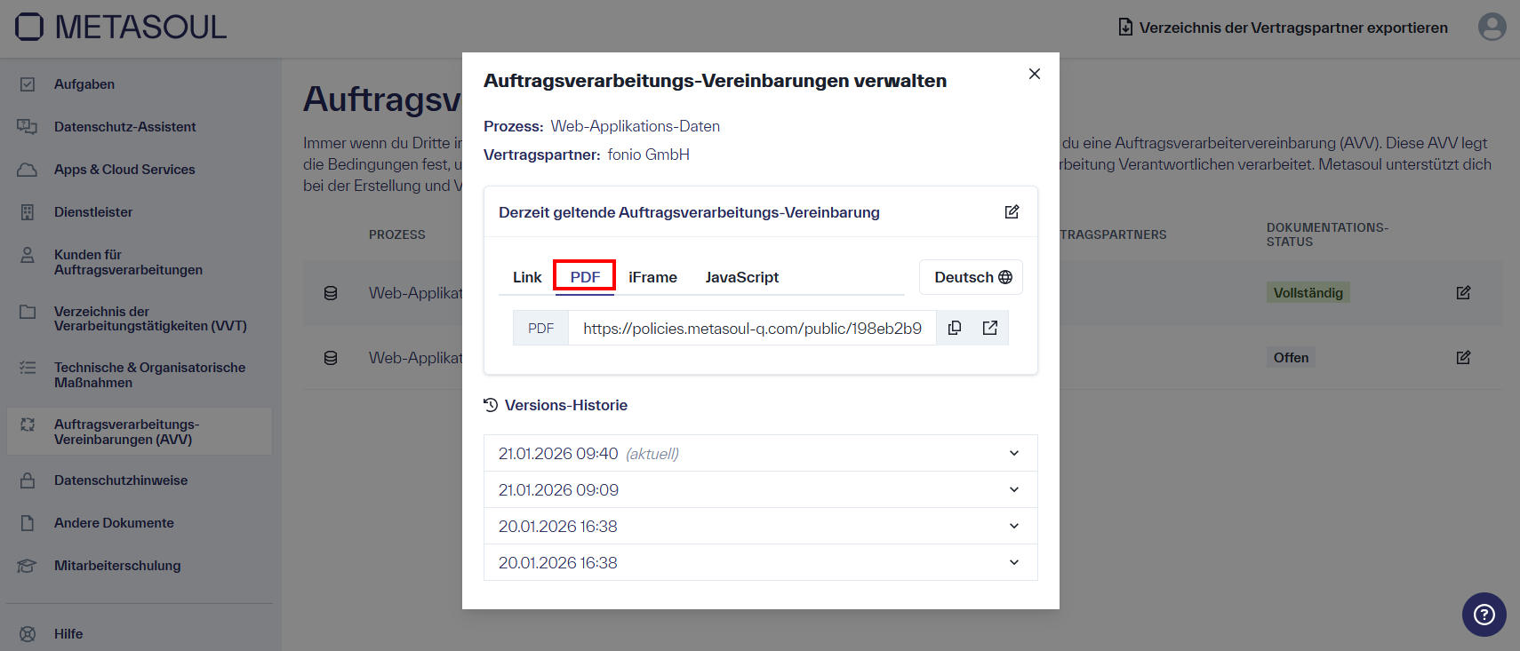 Fenster „AVV verwalten“ mit der Option, den generierten AVV als „Link“, „PDF“, „iFrame“ oder „JavaScript“ zu teilen beziehungsweise einzubetten.