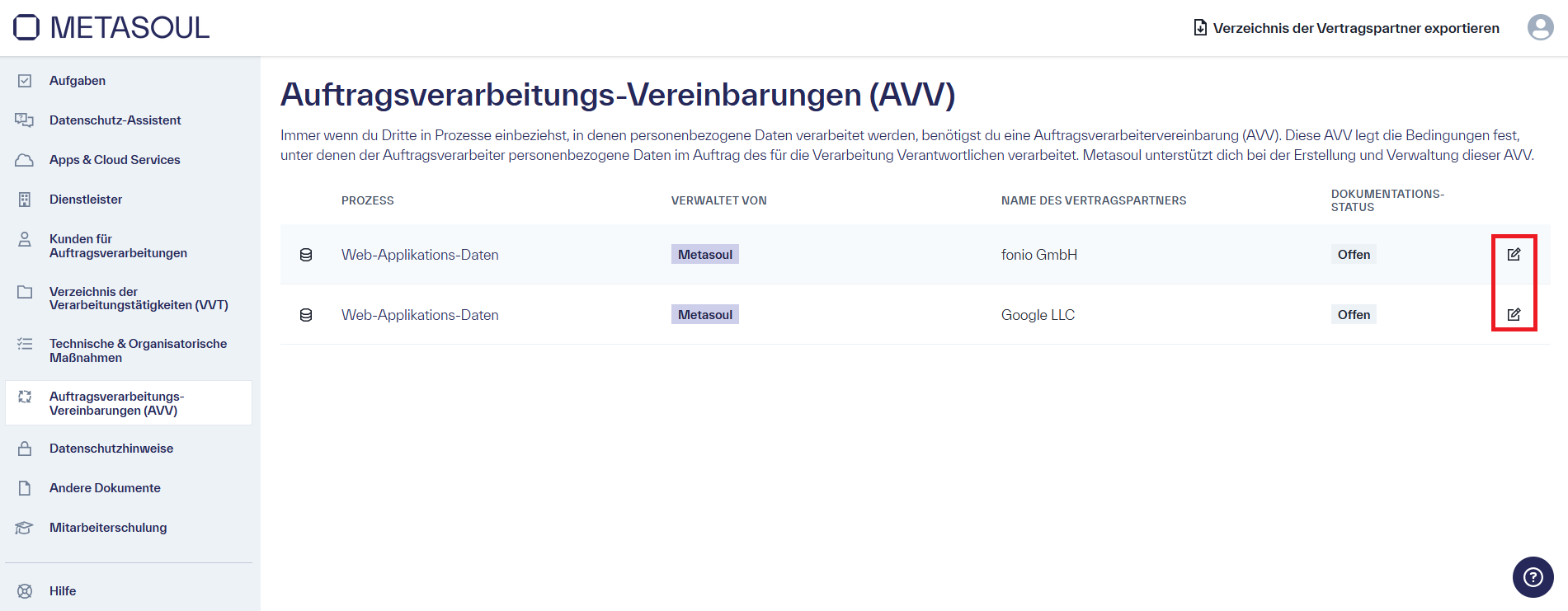Startseite des Modul &ldquo;Auftragsverarbeitungs-Vereinbarungen (AVV)&rdquo; mit zwei Einträgen des selben Prozesses