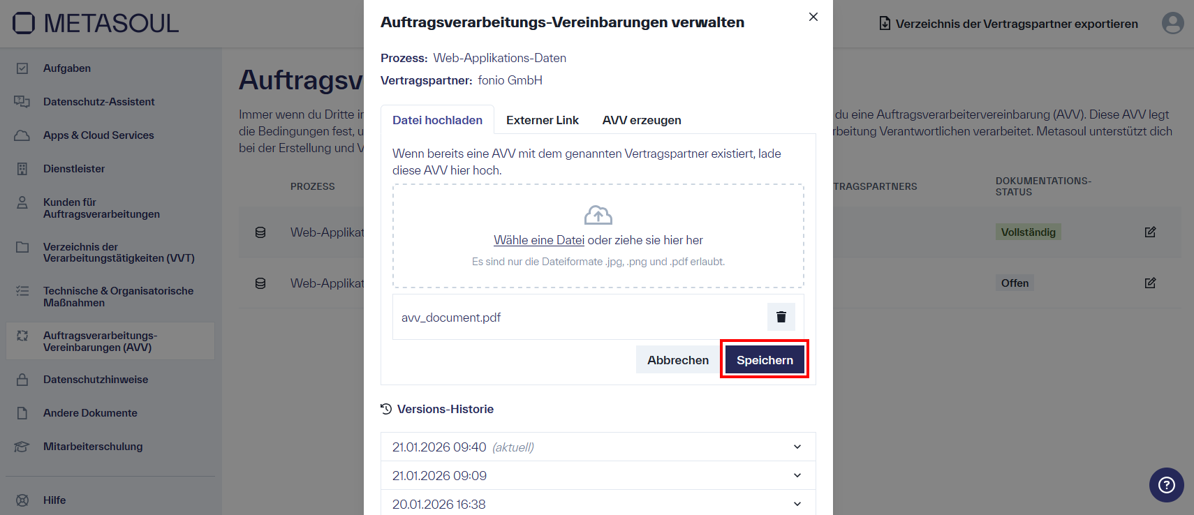 Fenster &ldquo;Auftragsverarbeitungs-Vereinbarungen verwalten&rdquo; mit der Option &ldquo;Datei hochladen&rdquo; und &ldquo;Speichern&rdquo;