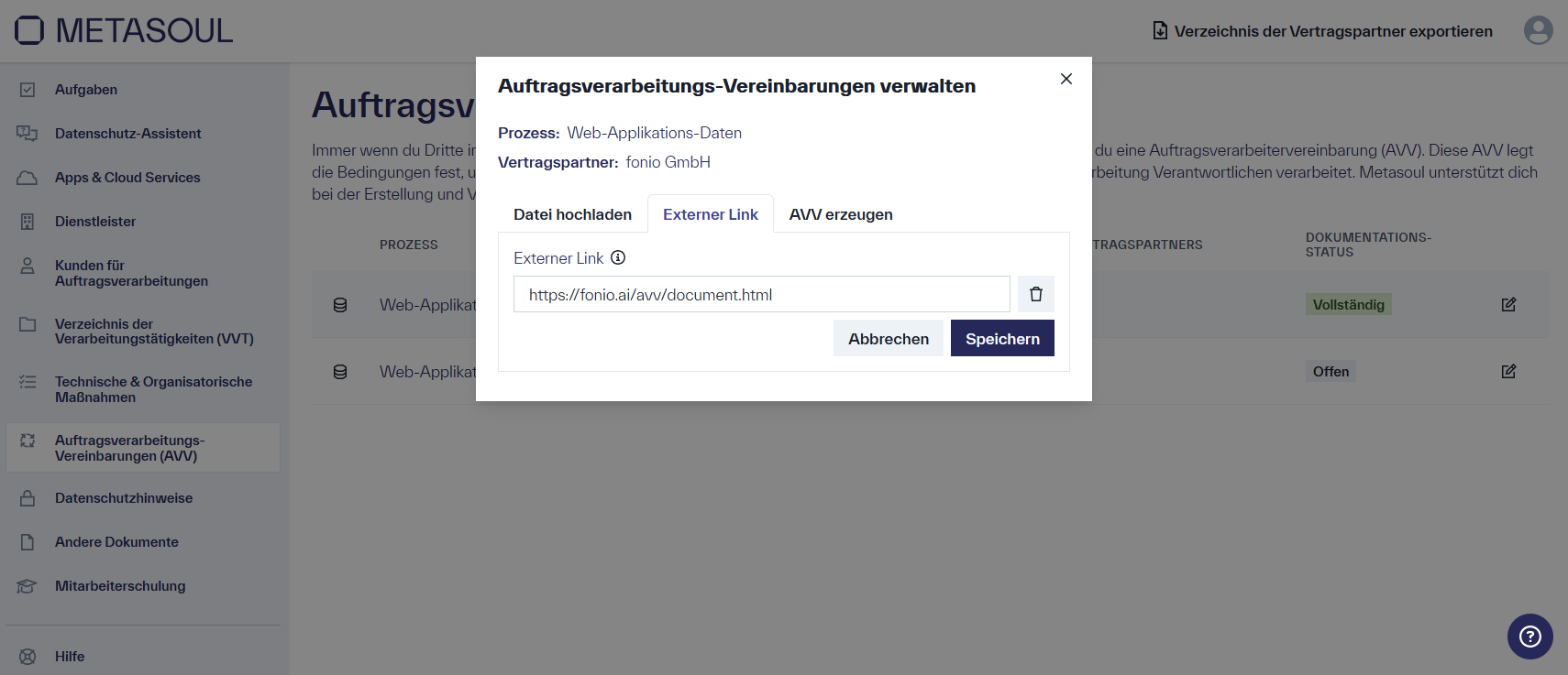 Die Option &ldquo;Externer Link&rdquo; der Auftragsverarbeitungsvereinbarung sowie die beiden weiteren Optionen „Datei hochladen“ und „AVV erzeugen“.
