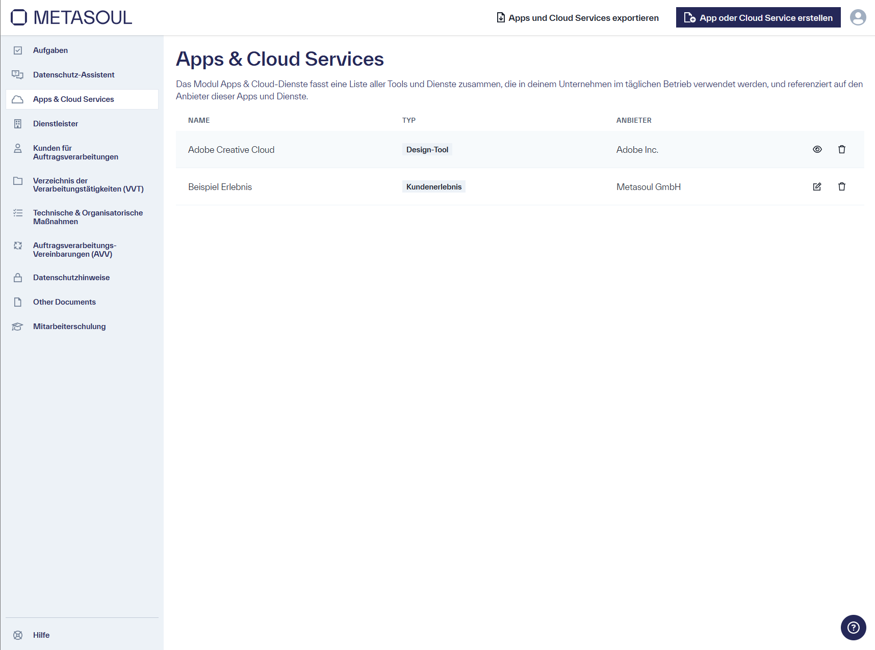 Startseite des Modul &ldquo;Apps & Cloud Services&rdquo; mit zwei Beispiel Einträgen