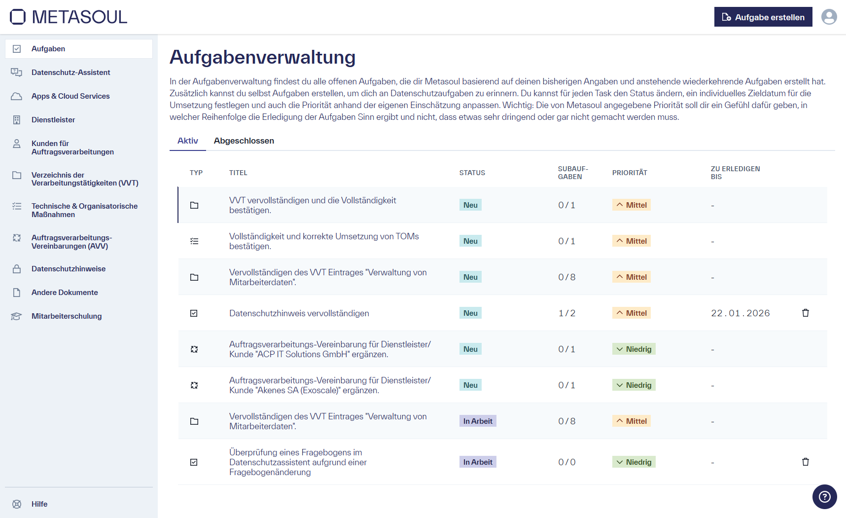 Startseite des Modul &ldquo;Aufgabenverwaltung&rdquo;, welche eine Tabelle zeigt mit mehreren Einträgen