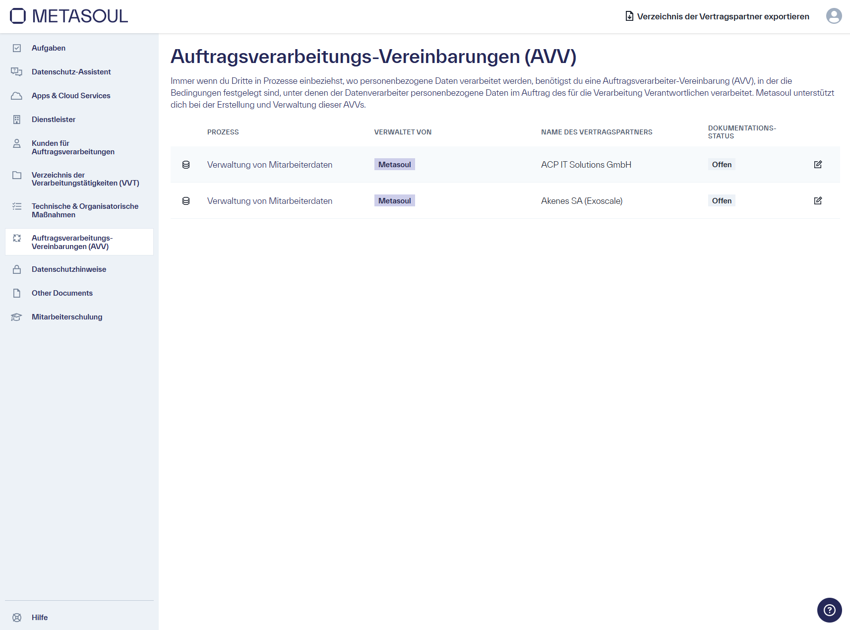 Startseite des Modul &ldquo;Auftragsverarbeitungs-Vereinbarungen (AVV)&rdquo; welche zwei Einträge besitzt