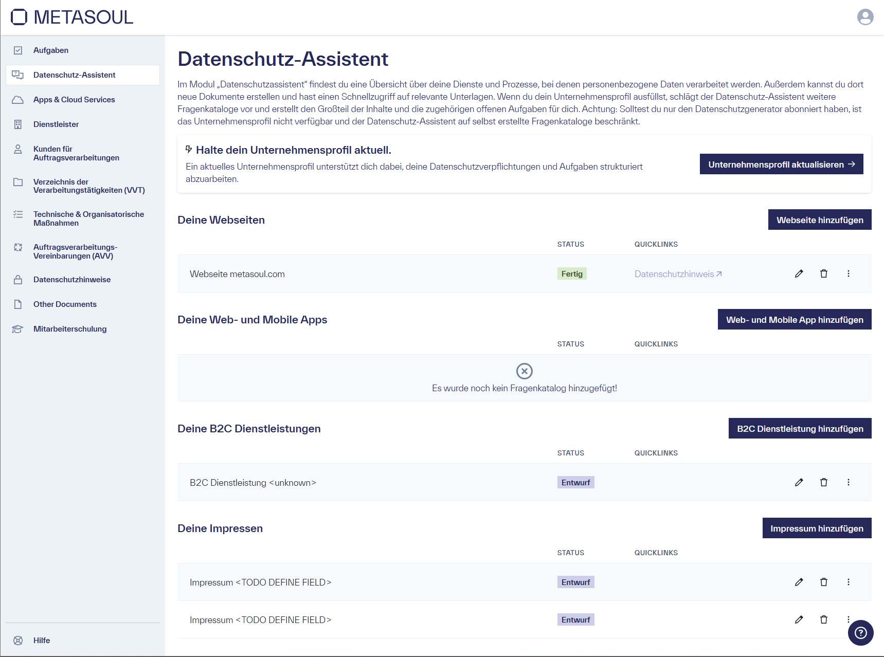 Startseite des Modul &ldquo;Datenschutz-Assistent&rdquo; welche einige Einträge anzeigt