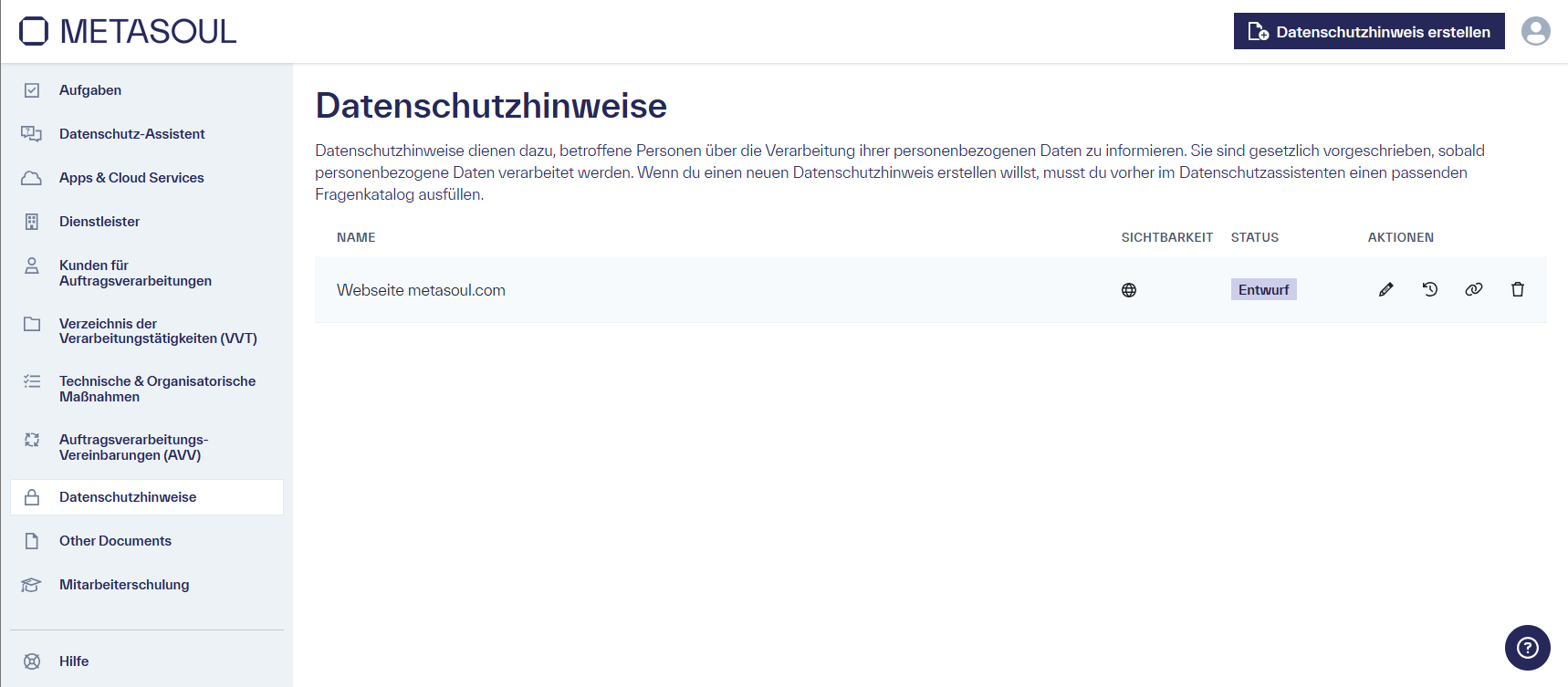 Startseite des Modul &ldquo;Datenschutzhinweise&rdquo; mit dem Eintrag &ldquo;Webseite metasoul.com&rdquo;