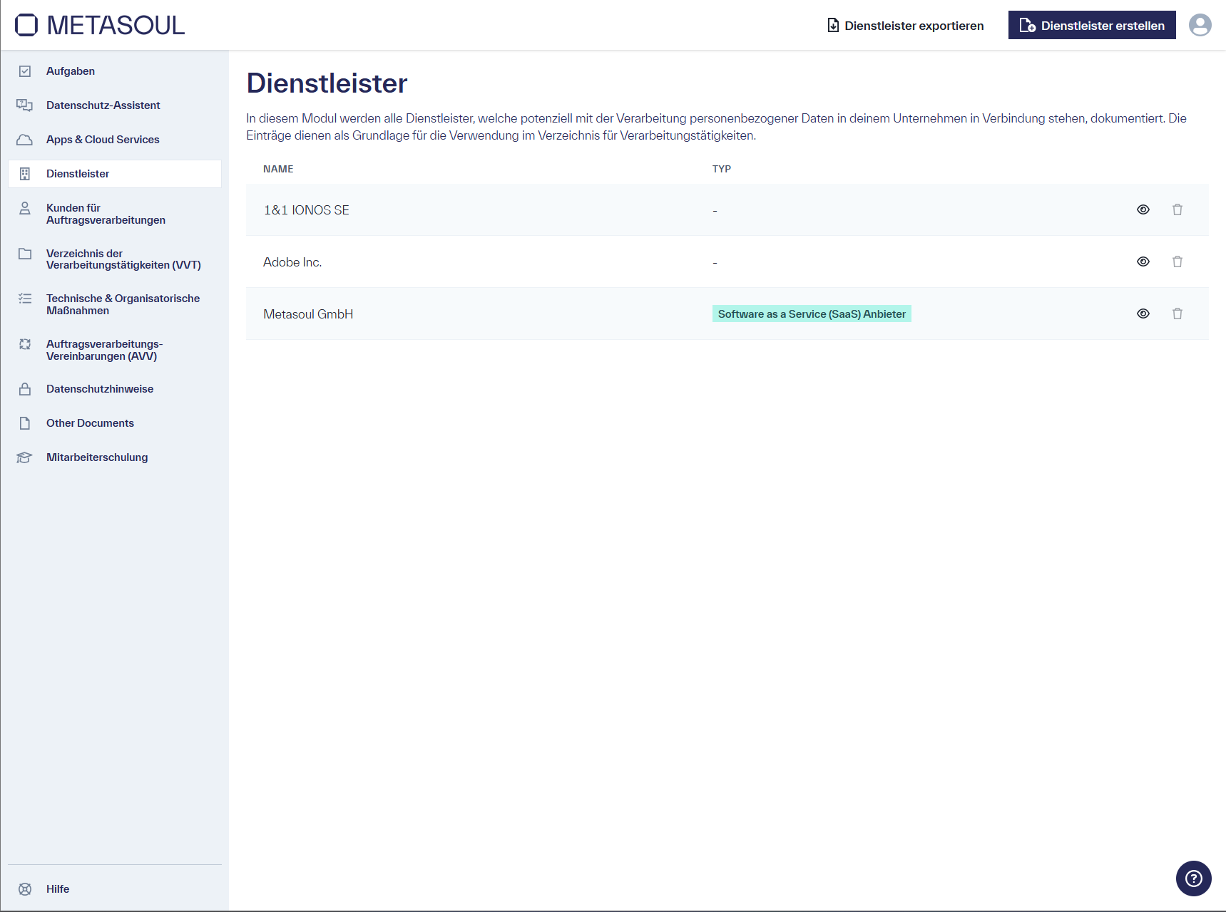 Startseite des Modul &ldquo;Dienstleister&rdquo; mit einigen Einträgen