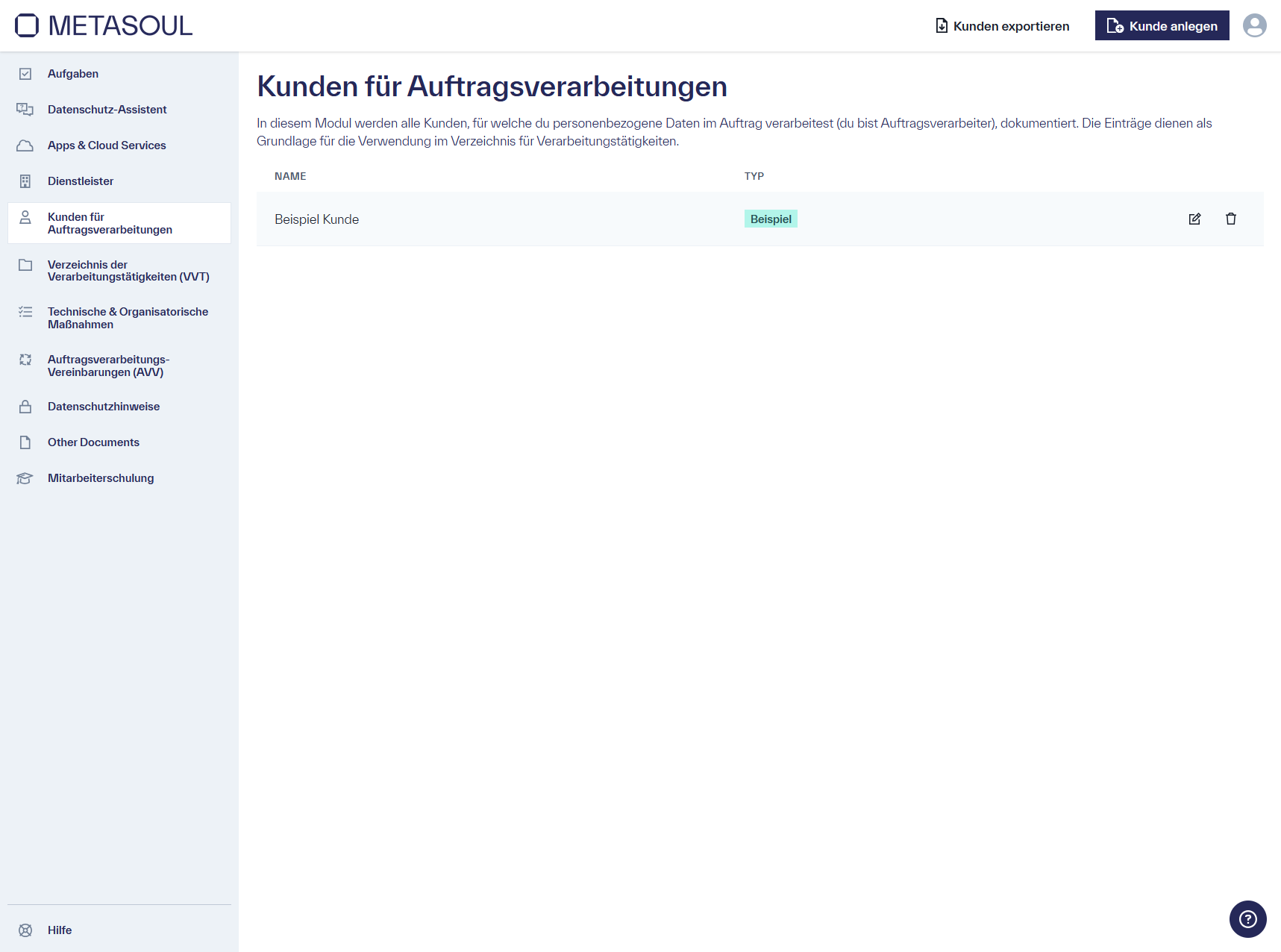 Startseite des Modul &ldquo;Kunden für Auftragsverarbeitungen&rdquo; mit einem beispiel Eintrag