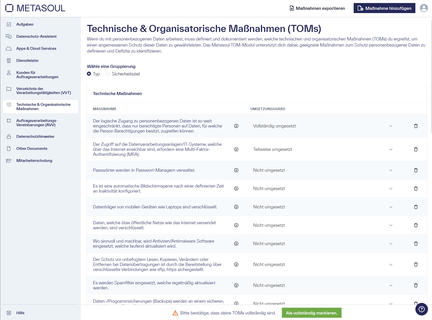 Startseite des Modul &ldquo;Technische & Organisatorische Maßnahmen (TOMs)&rdquo;, welches die Option bietet bei der Gruppierung einen Typ auszuwählen