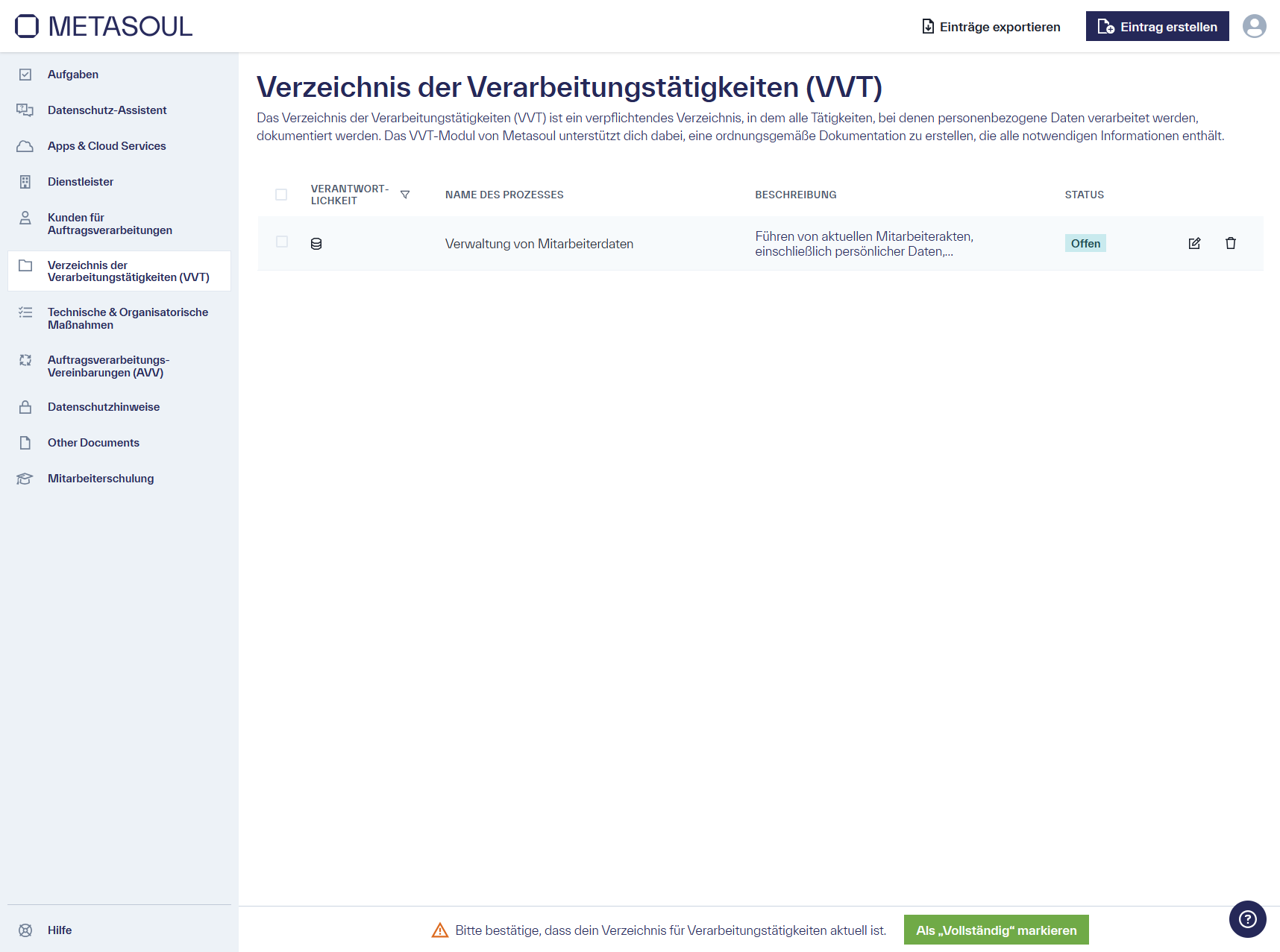 Startseite des &ldquo;Verzeichnis der Verarbeitungstätigkeiten&rdquo; mit einem Eintrag in der Tabelle