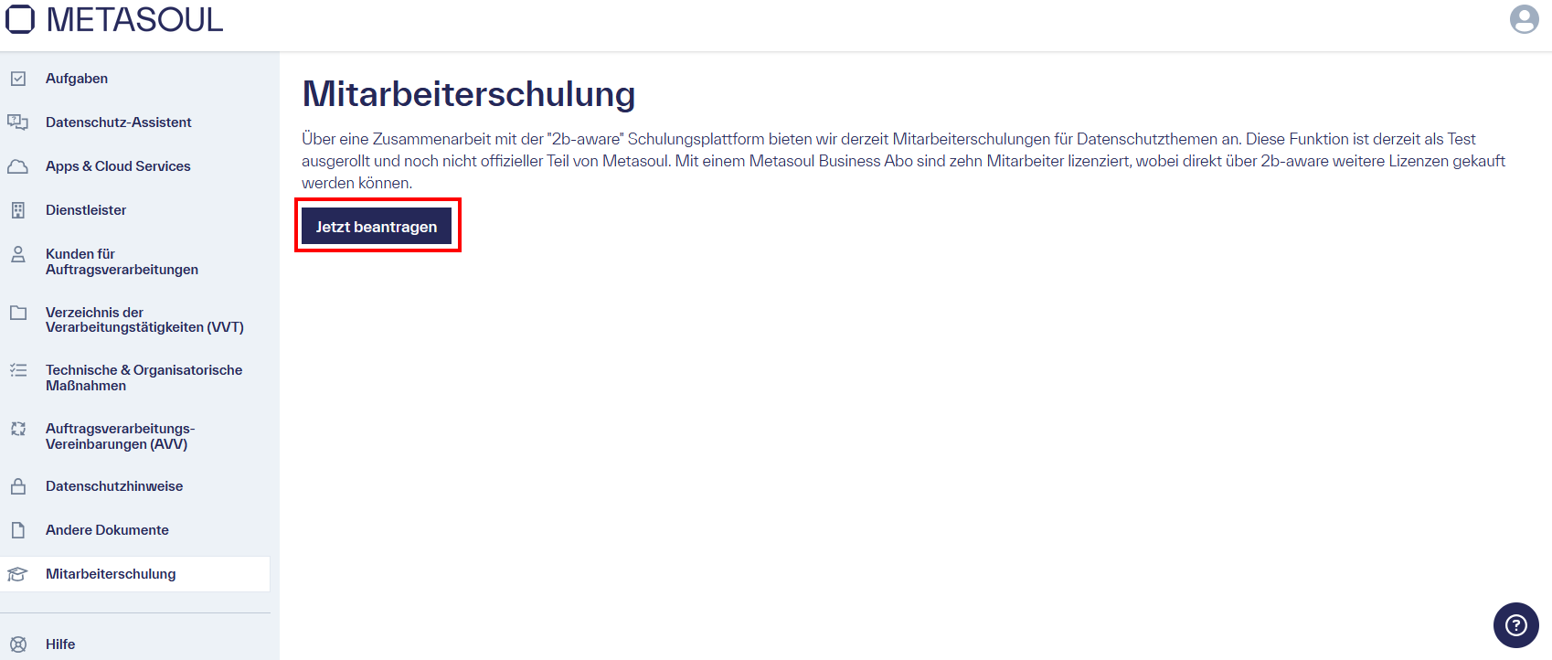 Startseite des Modul &ldquo;Mitarbeiterschulung&rdquo; mit der Option &ldquo;Jetzt beantragen&rdquo;