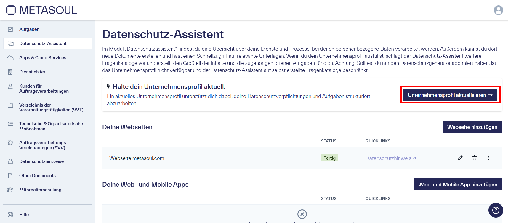 Startseite des &ldquo;Datenschutz-Assistent&rdquo;, welches eine Beschreibung unter dem Titel und die Option &ldquo;Unternehmensprofil aktualisieren&rdquo; hat