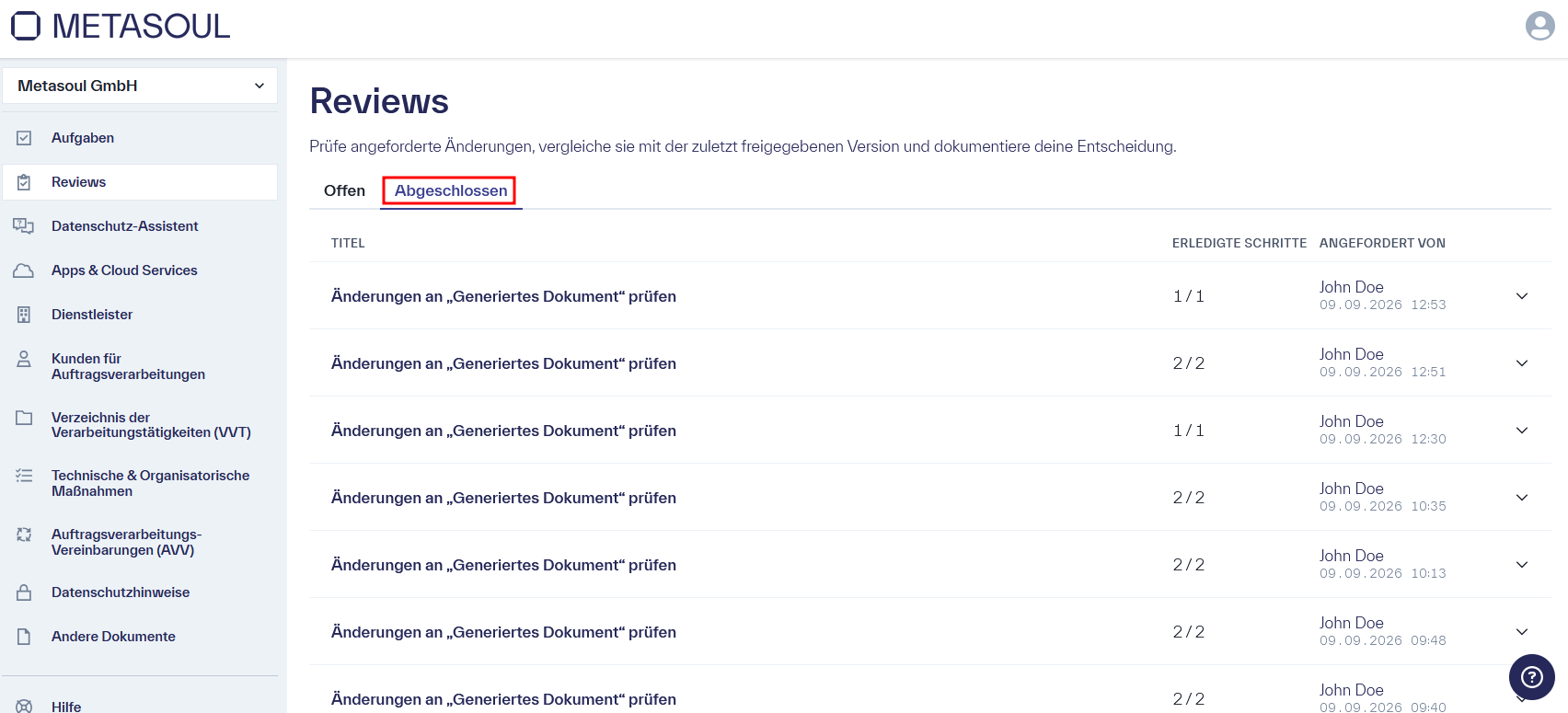 Modulseite &ldquo;Reviews&rdquo; mit dem ausgewählten Reiter &ldquo;Abgeschlossen&rdquo; und einer Tabelle bereits abgeschlossener Prüfungen