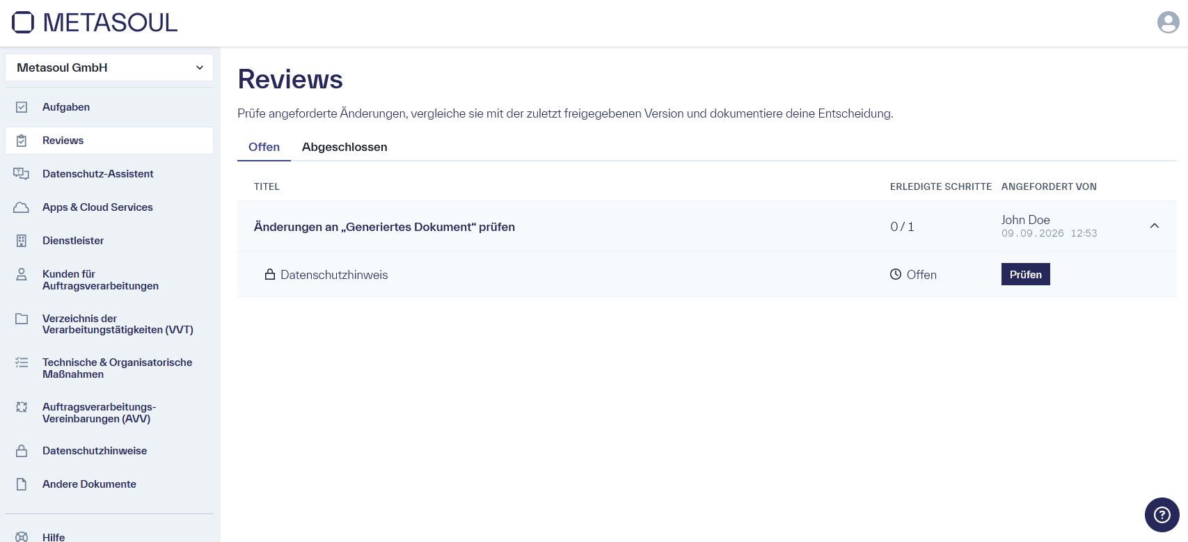 Ausgeklappter Eintrag im Reiter &ldquo;Offen&rdquo; mit den Unterpunkten für die betroffenen Dokumente, jeweils mit Status und Schaltfläche &ldquo;Prüfen&rdquo;