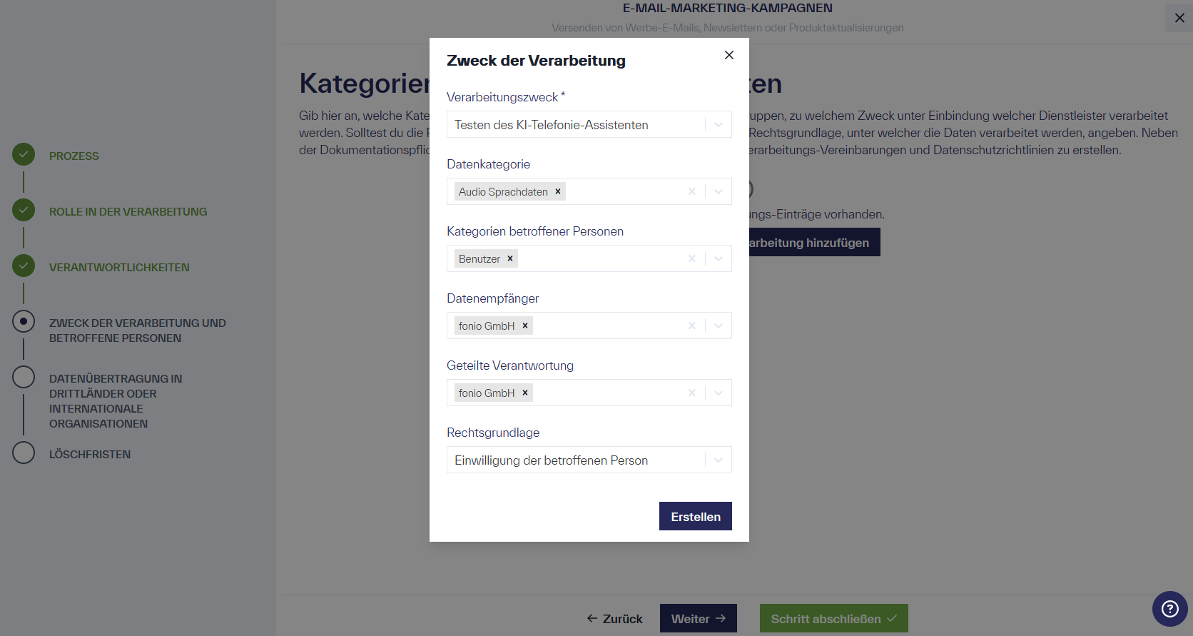 Fenster mit dem Titel &ldquo;Zweck der Verarbeitung&rdquo; und den Optionen &ldquo;Verarbeitungszweck&rdquo;, &ldquo;Datenkategorie&rdquo;, &ldquo;Kategorien betroffener Personen&rdquo;, &ldquo;Datenempfänger&rdquo;, &ldquo;Geteilte Verantwortung&rdquo;, &ldquo;Rechtsgrundlage&rdquo; und &ldquo;Erstellen&rdquo;