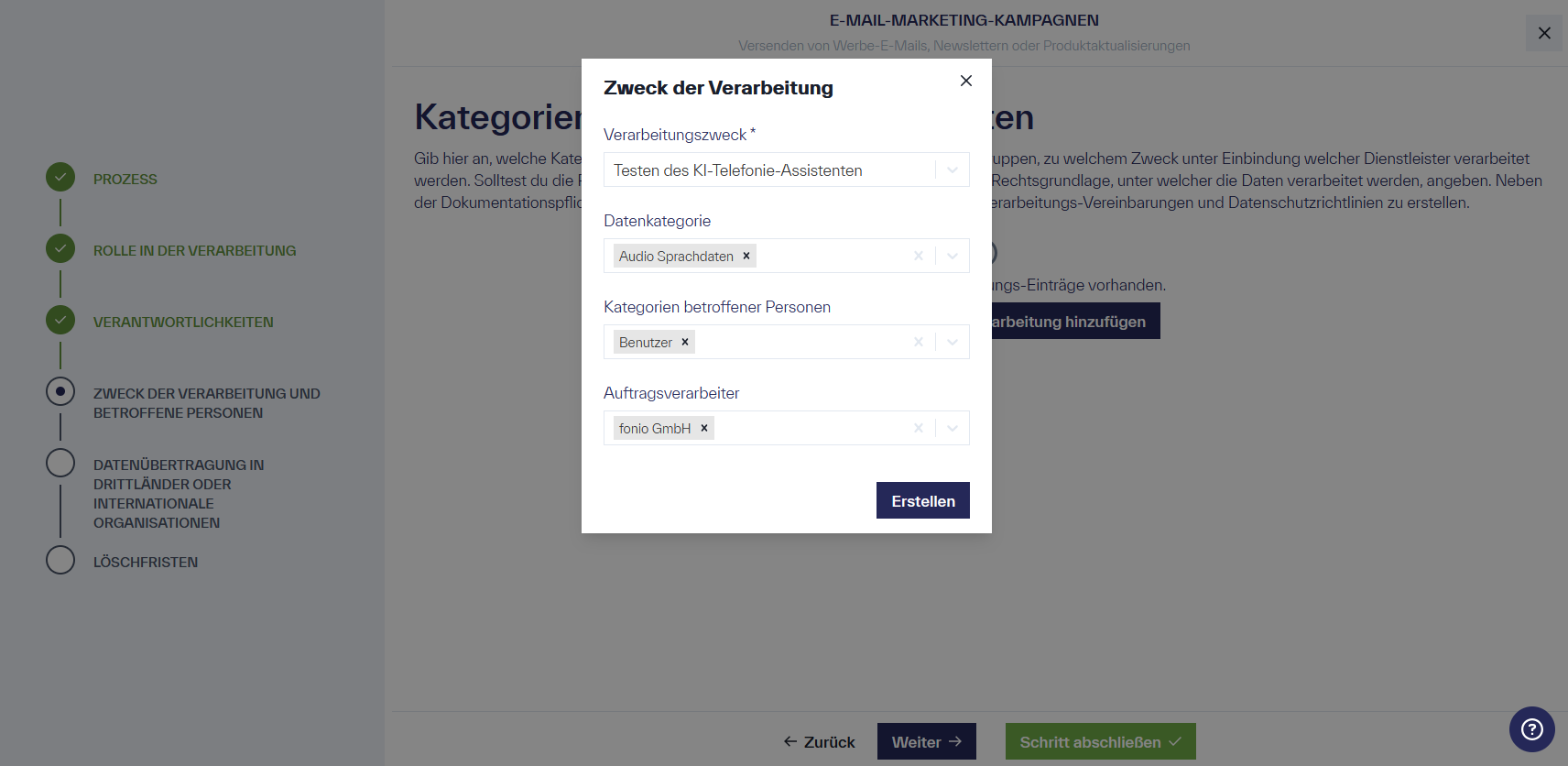 Fenster mit dem Titel &ldquo;Zweck der Verarbeitung&rdquo; und den Optionen &ldquo;Verarbeitungszweck&rdquo;, &ldquo;Datenkategorie&rdquo;, &ldquo;Kategorien betroffener Personen&rdquo;, &ldquo;Auftragsverarbeiter&rdquo; und &ldquo;Erstellen&rdquo;