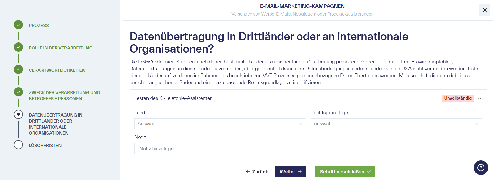 Seite mit dem Titel &ldquo;Datenübertragung in Drittländer oder an internationale Organisationen&rdquo; und dem Eintrag &ldquo;Test des KI-Telefonie-Assistenten&rdquo;, welche mehrere ausfüllbare Optionen besitzt
