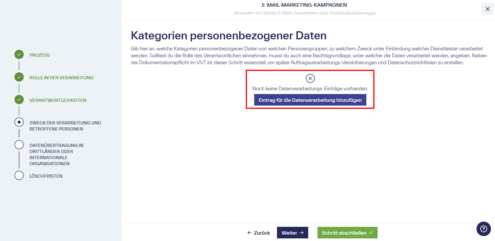 Titel &ldquo;Kategorien personenbezogener Daten&rdquo; der Seite mit der Option &ldquo;Eintrag für die Datenverarbeitung hinzufügen&rdquo;