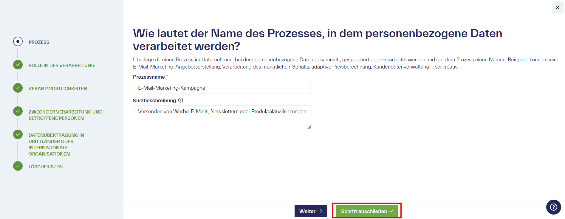 Die Option &ldquo;Schritt abschließen&rdquo; am unteren Rande der Seite für Prozzese