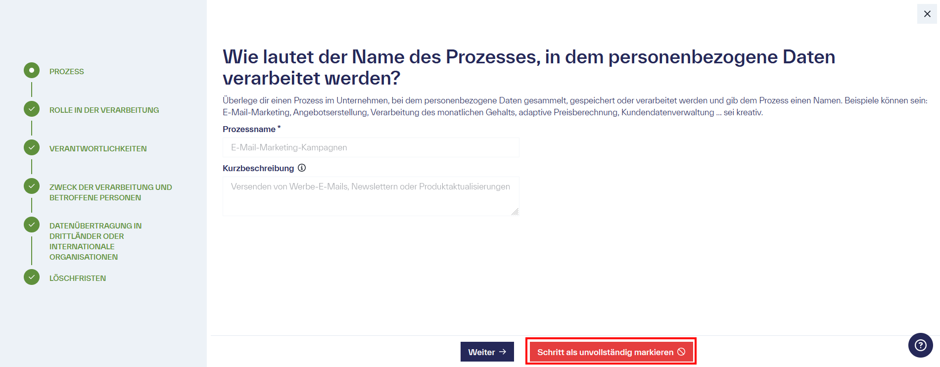 Seite die einem durch die Schritte leitet, wo am unterem Rande &ldquo;Schritt als unvollständing markieren&rdquo; hervorgehoben ist.
