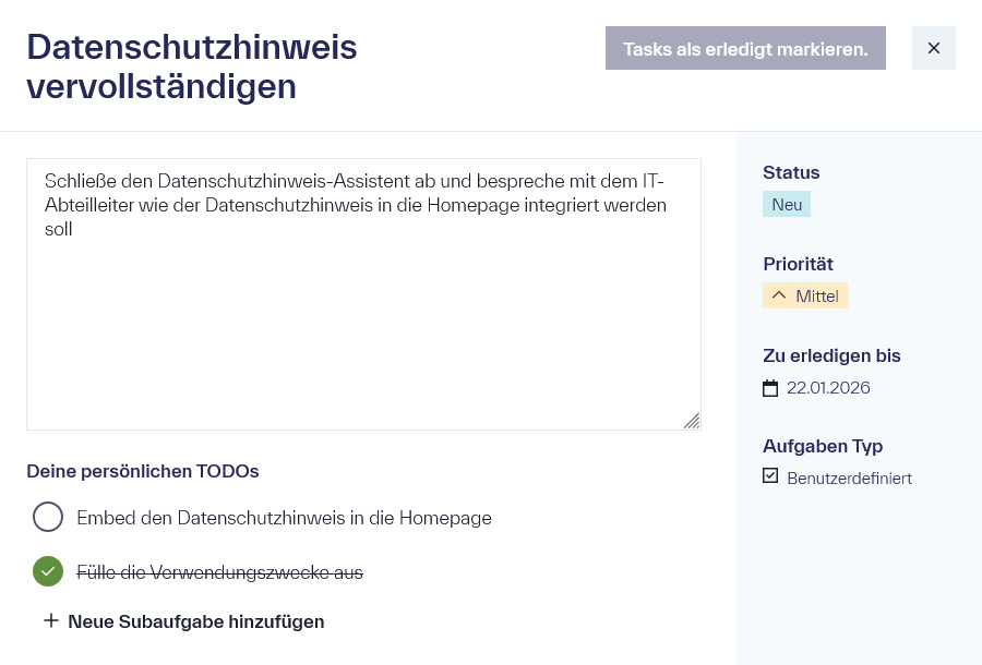 Kleines Fenster mit dem Titel &ldquo;Neue Test Aufgabe&rdquo;, einer Textbox, einem Statusfeld, Zeitraum, Aufgabentyp, Priorität sowie Subaufgaben und die Option &ldquo;Neue Subaufgabe hinzufügen&rdquo;