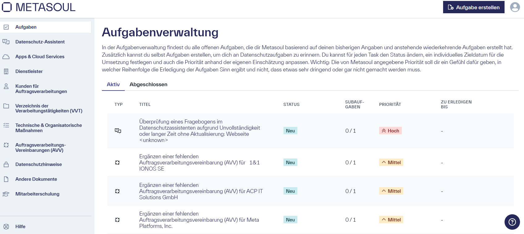 Titelseite &ldquo;Aufgabenverwaltung&rdquo; mit der Option &ldquo;Aufgaben erstellen&rdquo;, sowie eine Tabelle an bestehenden Aufgaben