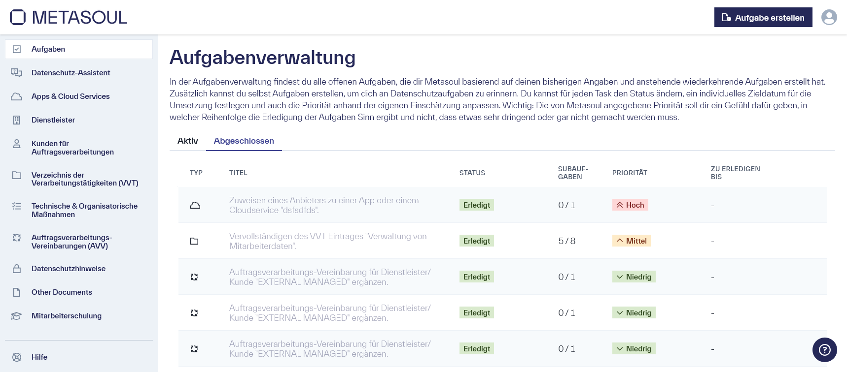 Modulseite &ldquo;Aufgabenverwaltung&rdquo; mit dem ausgewählten Reiter &ldquo;Abgeschlossen&rdquo;, dieser zeigt eine Tabelle von abgeschlossenen Aufgaben