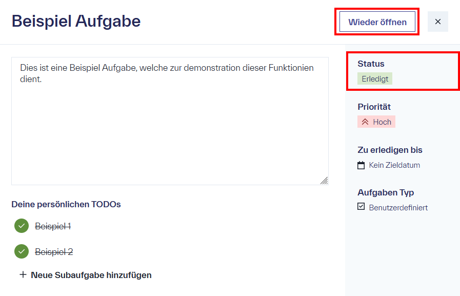 Wieder öffnen der Beispiel Aufgabe mittels der Option &ldquo;Wieder öffnen&rdquo;